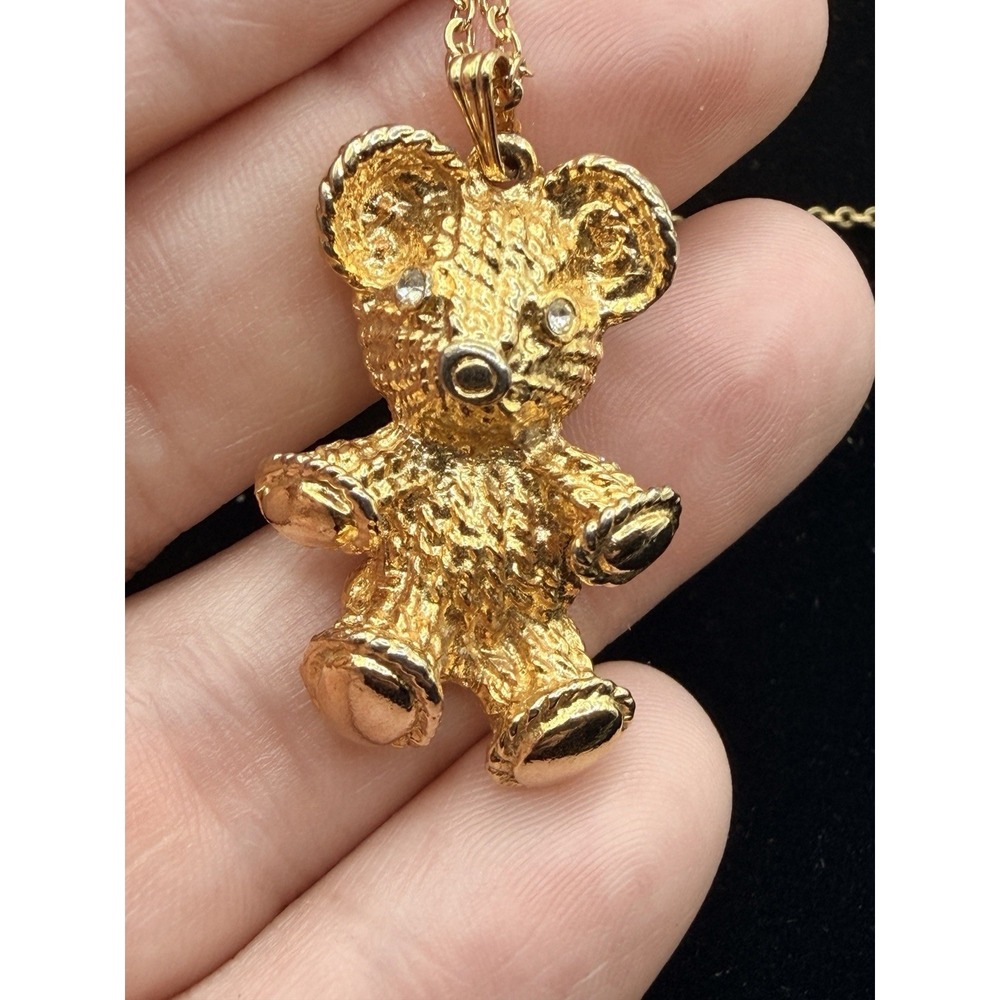 Gold Tone Chain Textured Teddy Bear Pendant W/ Rhinestone Eyes Necklace Gift